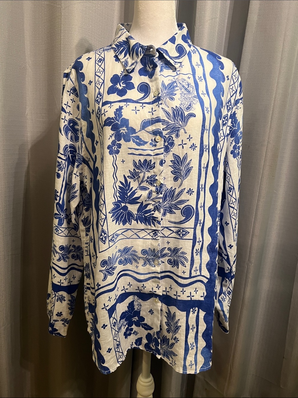 Joie 100% Linen Tropical Floral Button Down Shirt Top Blue White Boho XL